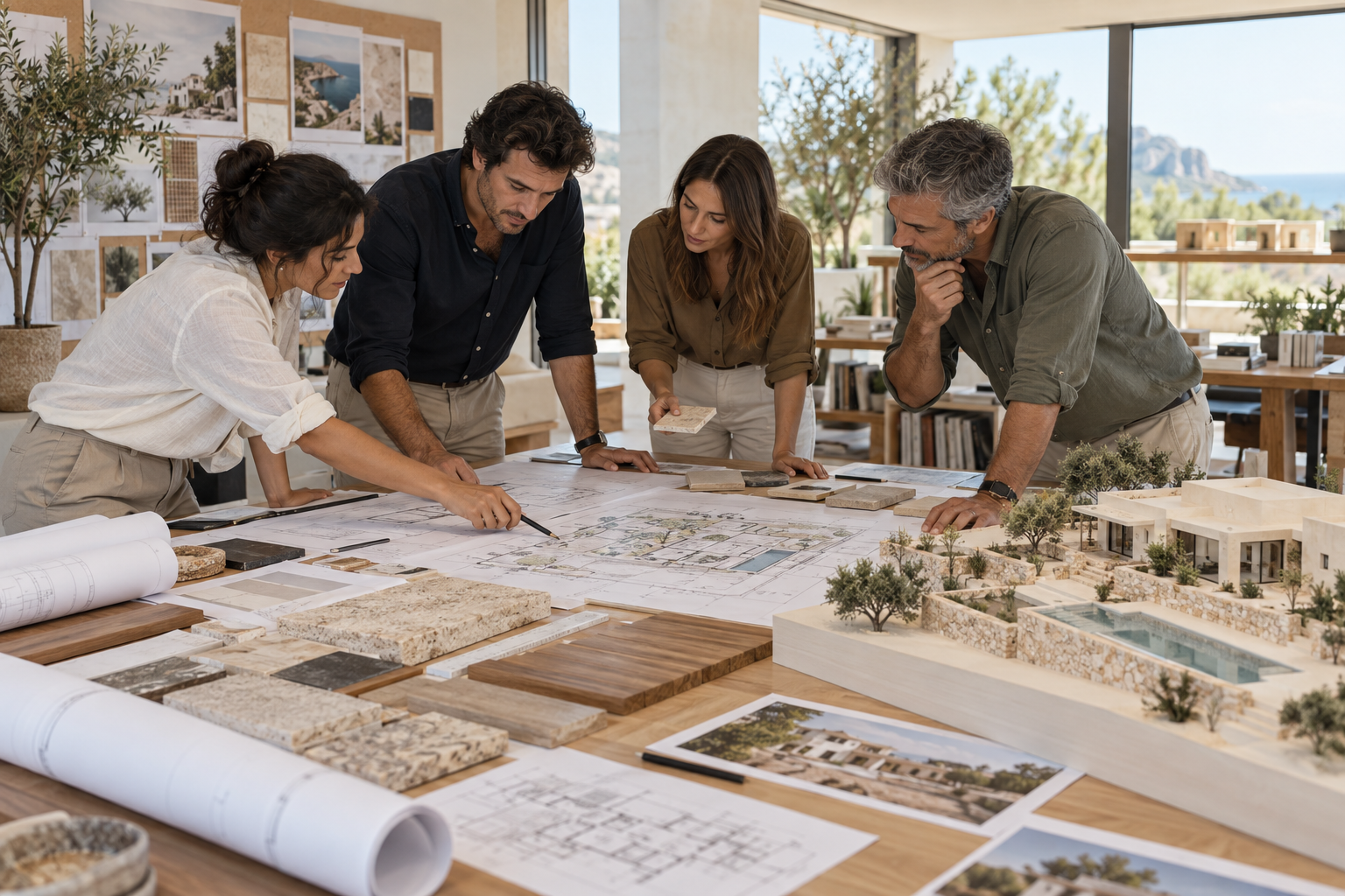 Equipo de arquitectura y construcción coordinando planos y materiales